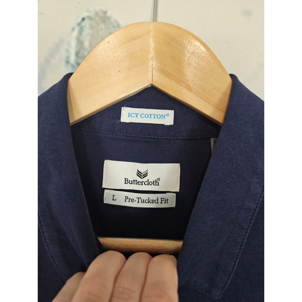 Buttercloth Icy Cotton LS Blouse Large Navy Blue Pre-Tucked Knit Button Down - Picture 3 of 8